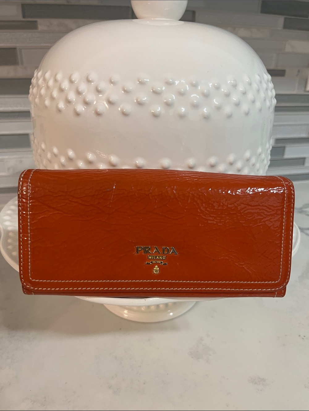 Prada Orange Patent Leather Continental Wallet with Gold Logo